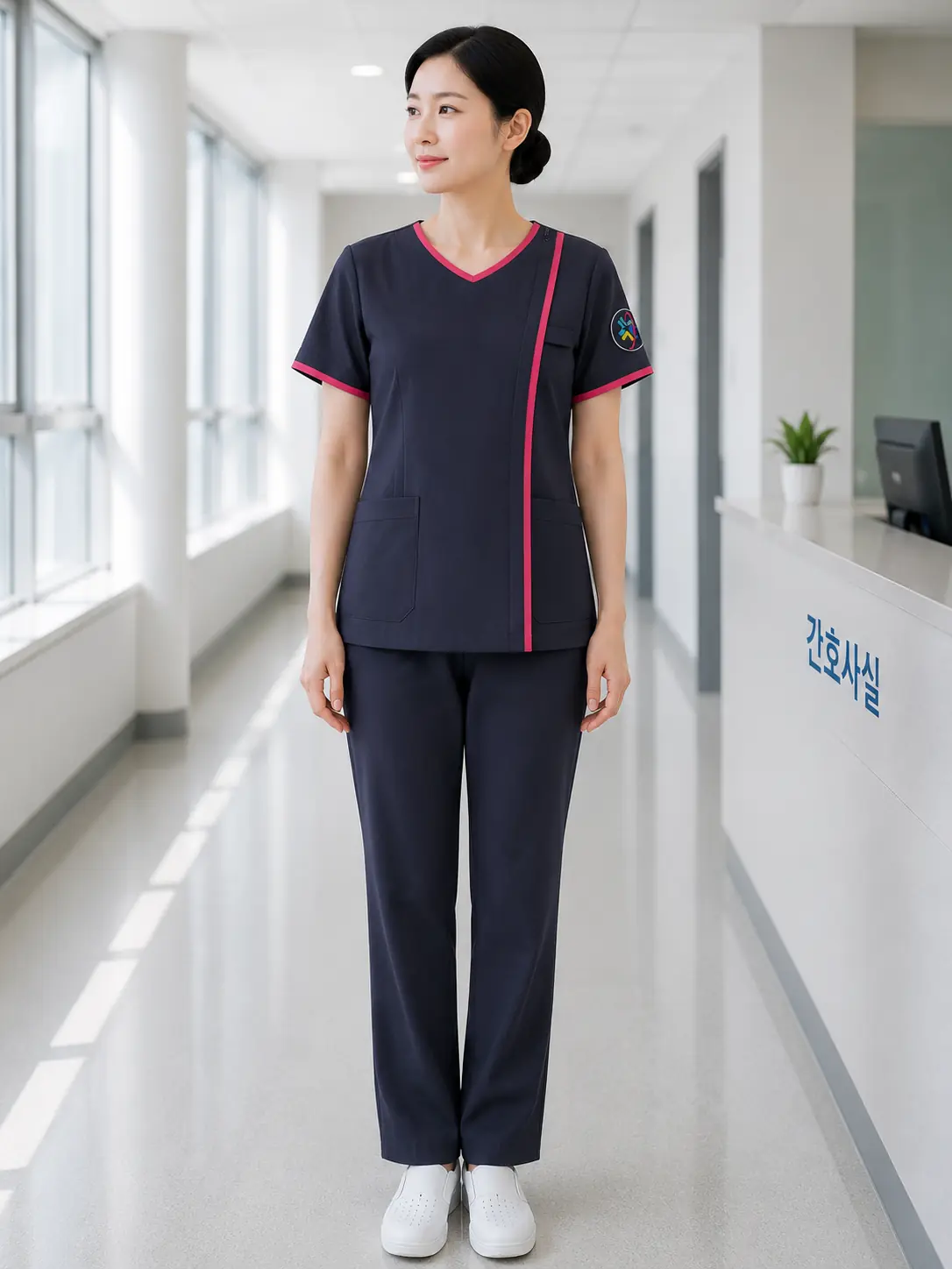 블랙 핑크 배색 간호사복 앞면